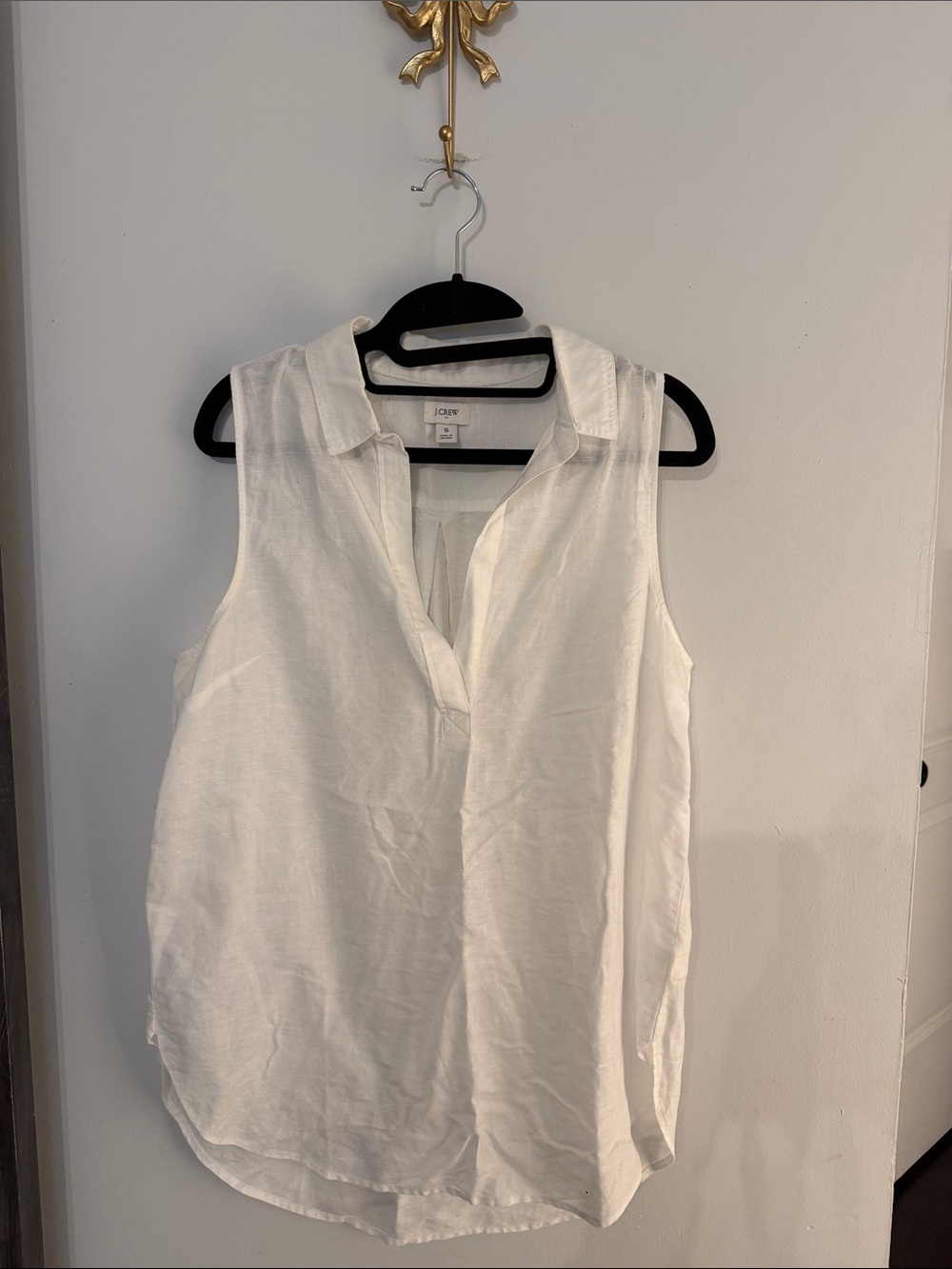 J. Crew White Sleeveless Linen Split-Neck Blouse SMALL